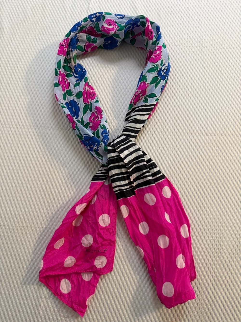 Echo Silk Scarf Floral Stripe Polka Dot Pink Blue Black Vintage 80s 90s Preppy